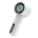 فن دستی شارژی قابل حمل با طراحی سبز و سفید، دارای نمایشگر دیجیتال دما و باتری، همراه با جعبه بستهبندی و کابل شارژ USB