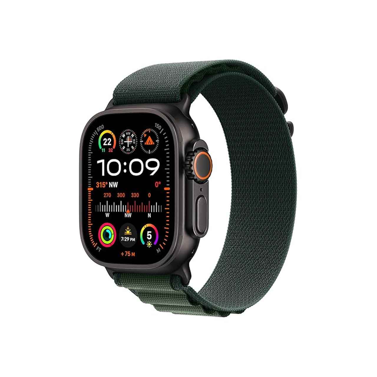 نمای کلی از ساعت Apple Watch Ultra 2 با قاب تیتانیومی و نمایشگر روشن