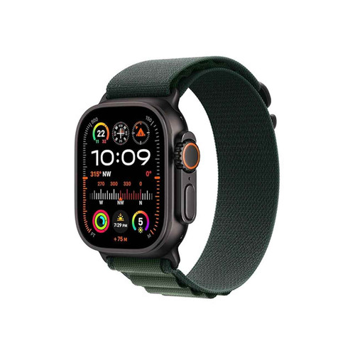نمای کلی از ساعت Apple Watch Ultra 2 با قاب تیتانیومی و نمایشگر روشن