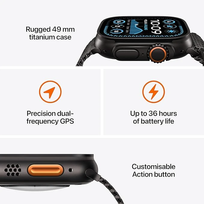 نمای کلی از ساعت Apple Watch Ultra 2 با قاب تیتانیومی و نمایشگر روشن