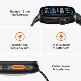 نمای کلی از ساعت Apple Watch Ultra 2 با قاب تیتانیومی و نمایشگر روشن