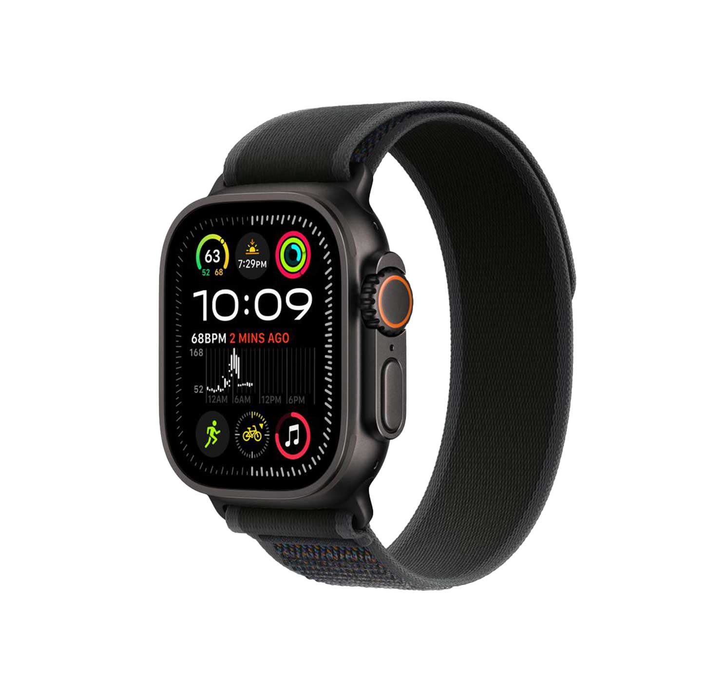نمای کلی از ساعت Apple Watch Ultra 2 با قاب تیتانیومی و نمایشگر روشن