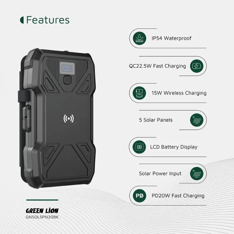 پاوربانک خورشیدی Green Lion Solar 5 با ۴ پنل تاشو و نمایشگر LCD