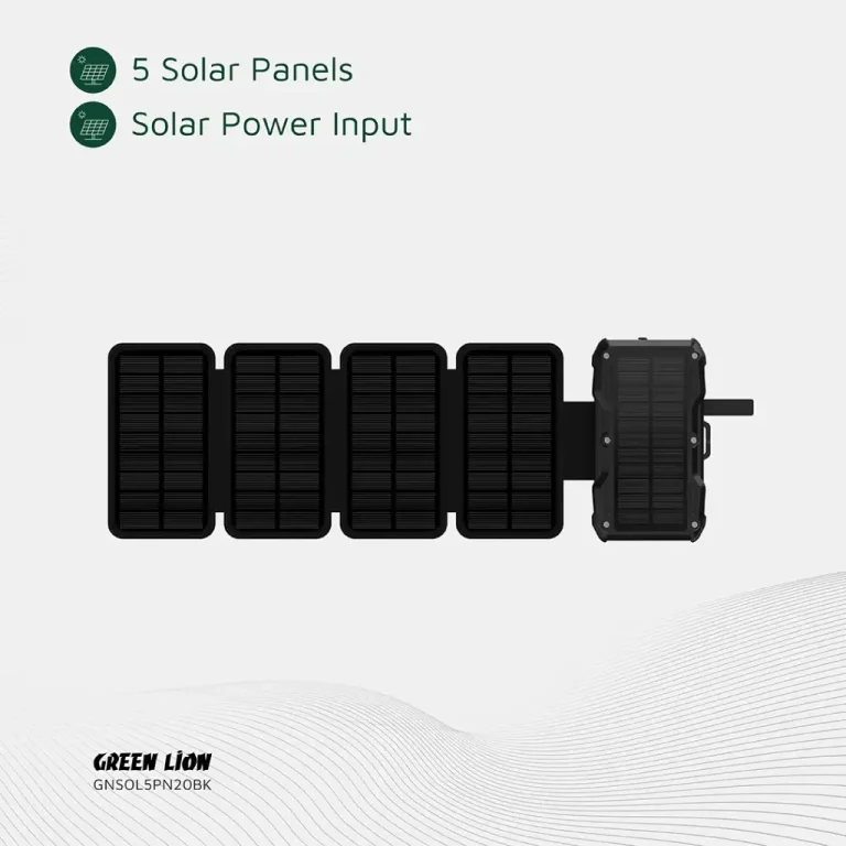 نمای نزدیک از پنل‌های خورشیدی پاوربانک Green Lion Solar 5
