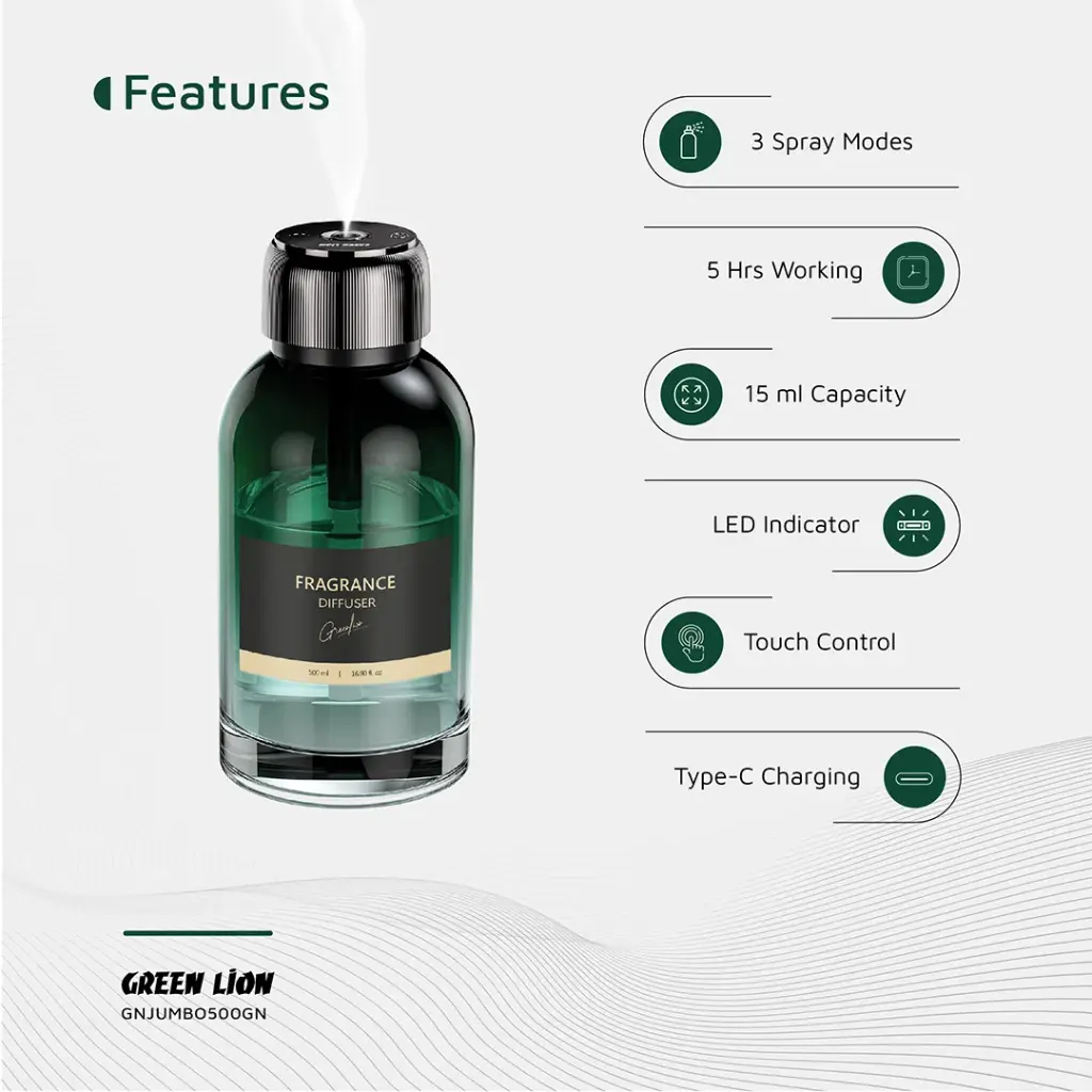 نمای کلی دستگاه Green Lion Jumbo Diffuser با مخزن ۵۰۰ میلی‌لیتر