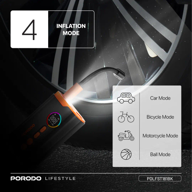 🌀 پمپ باد شارژی پورودو مدل Porodo Lifestyle Electric Air Inflator - مشکی