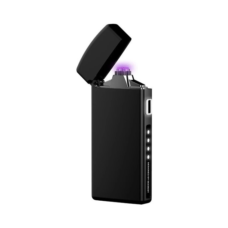 فندک شارژی Arc Charging L200 مشکی - نمای جلو با شعله الکتریکی صاعقهای
