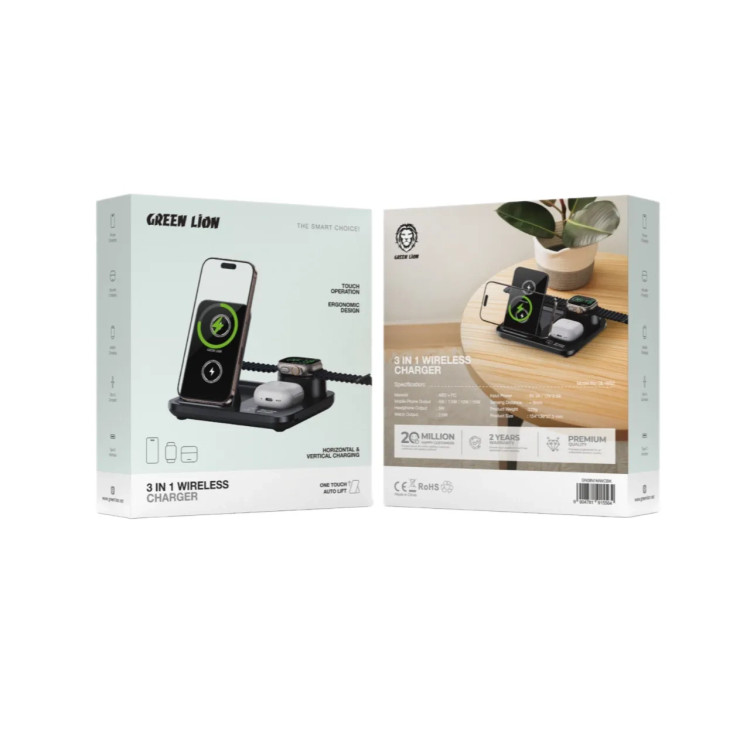 بستهبندی و جعبه شارژر وایرلس Green Lion مدل GN3IN1MWCBK