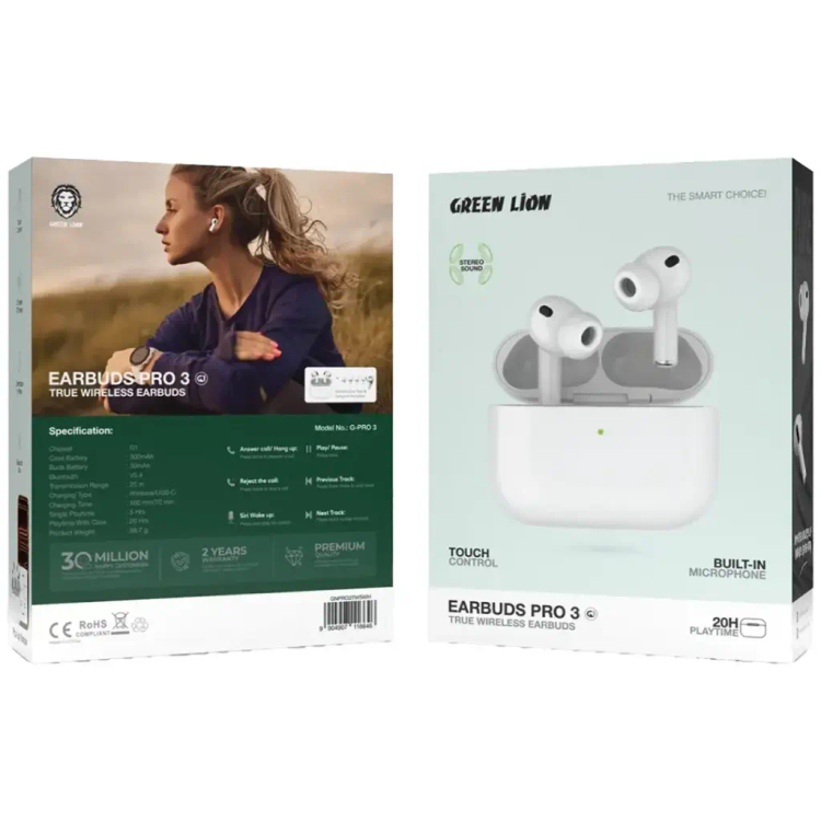 جعبه هندزفری بلوتوثی Green Lion Earbuds Pro 3 با بلوتوث 5.4 و شارژدهی 20 ساعته - سفید