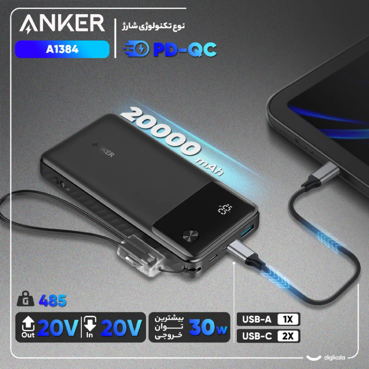 پاوربانک انکر 20000 میلیآمپر 30 وات مدل A1384 با نمایشگر دیجیتال مشکی