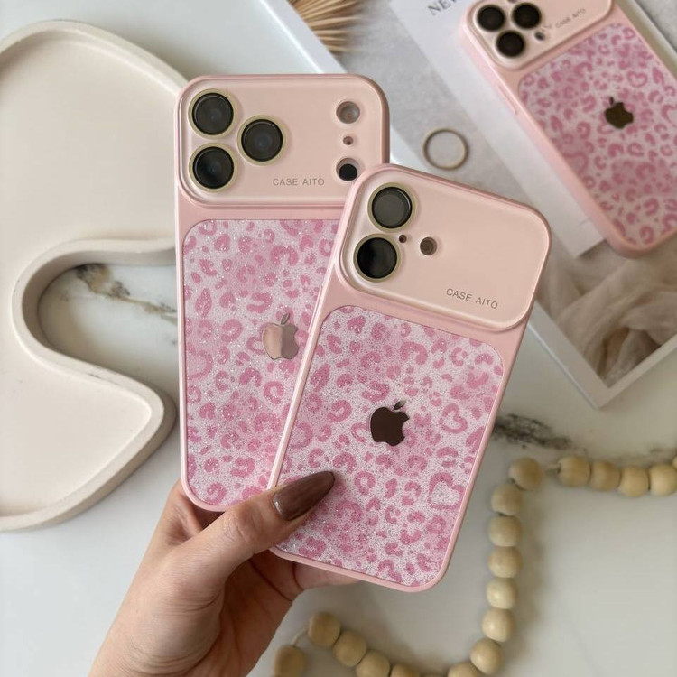 قاب پلنگی شاینی آیفون CASE AITO کانسپت 17 با محافظ لنز صورتی