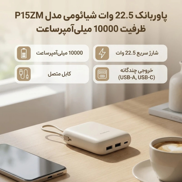 پاوربانک شیائومی P15ZM در رنگهای کرم و آبی یخی